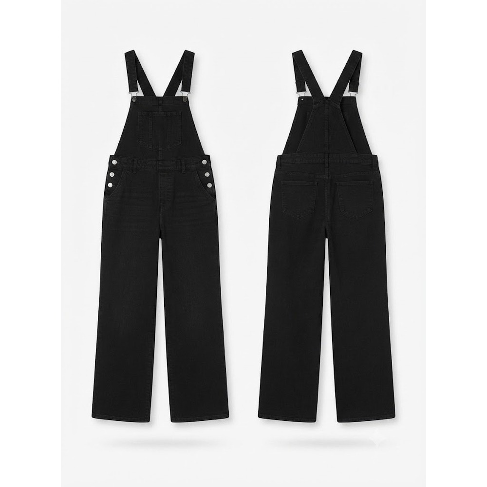Y2K Grunge Denim Overalls Womens 32 Black Wide Leg Stretch Bib Dungarees Utility